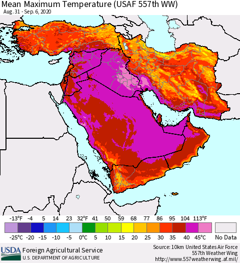 Middle East and Turkey Mean Maximum Temperature (USAF 557th WW) Thematic Map For 8/31/2020 - 9/6/2020