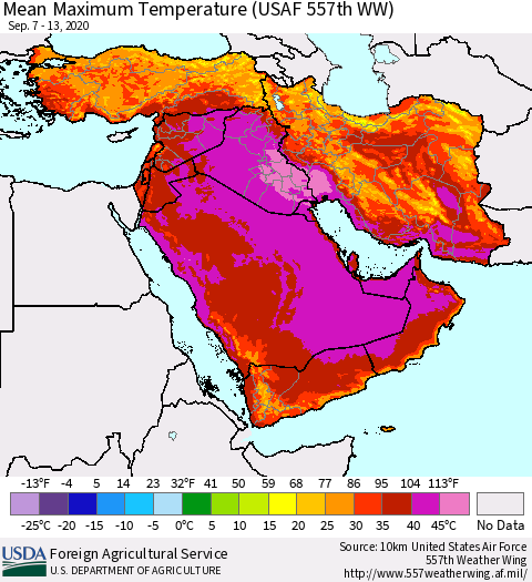 Middle East and Turkey Mean Maximum Temperature (USAF 557th WW) Thematic Map For 9/7/2020 - 9/13/2020