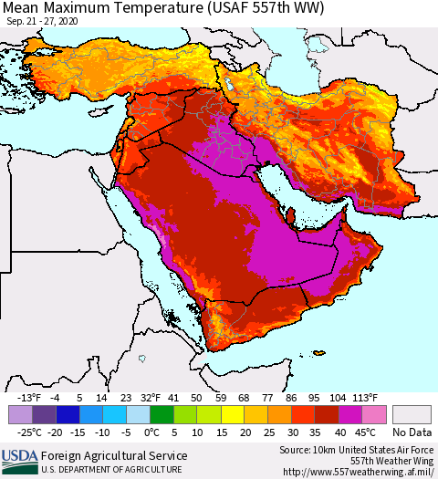 Middle East and Turkey Mean Maximum Temperature (USAF 557th WW) Thematic Map For 9/21/2020 - 9/27/2020