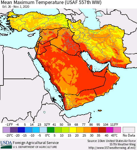 Middle East and Turkey Mean Maximum Temperature (USAF 557th WW) Thematic Map For 10/26/2020 - 11/1/2020