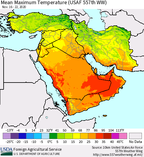 Middle East and Turkey Mean Maximum Temperature (USAF 557th WW) Thematic Map For 11/16/2020 - 11/22/2020