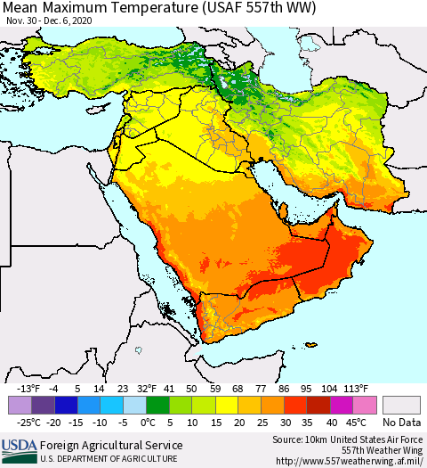 Middle East and Turkey Mean Maximum Temperature (USAF 557th WW) Thematic Map For 11/30/2020 - 12/6/2020