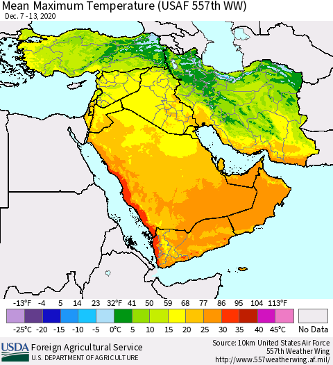 Middle East and Turkey Mean Maximum Temperature (USAF 557th WW) Thematic Map For 12/7/2020 - 12/13/2020