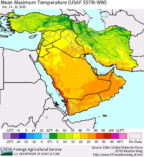Middle East and Turkey Mean Maximum Temperature (USAF 557th WW) Thematic Map For 12/14/2020 - 12/20/2020