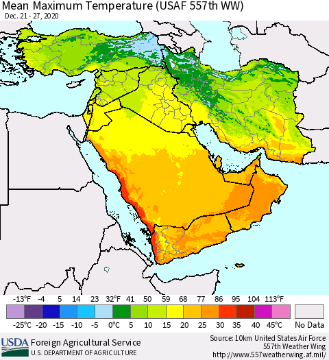 Middle East and Turkey Mean Maximum Temperature (USAF 557th WW) Thematic Map For 12/21/2020 - 12/27/2020