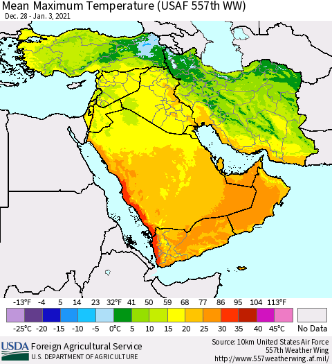 Middle East and Turkey Mean Maximum Temperature (USAF 557th WW) Thematic Map For 12/28/2020 - 1/3/2021