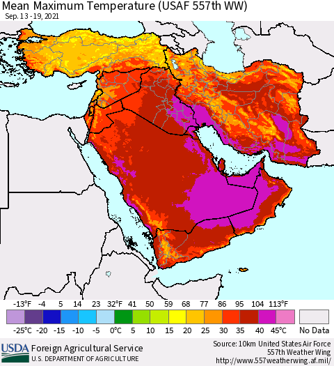 Middle East and Turkey Mean Maximum Temperature (USAF 557th WW) Thematic Map For 9/13/2021 - 9/19/2021