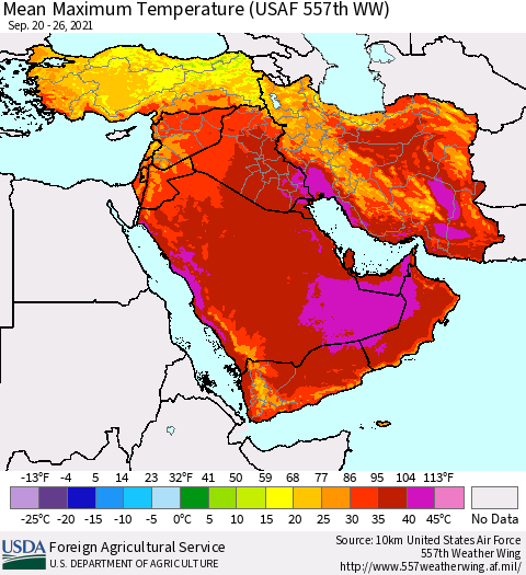 Middle East and Turkey Mean Maximum Temperature (USAF 557th WW) Thematic Map For 9/20/2021 - 9/26/2021