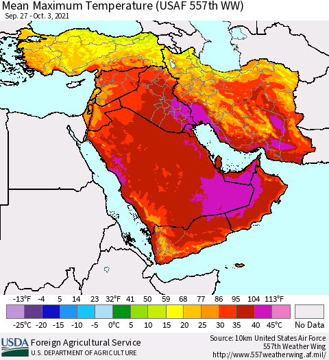 Middle East and Turkey Mean Maximum Temperature (USAF 557th WW) Thematic Map For 9/27/2021 - 10/3/2021