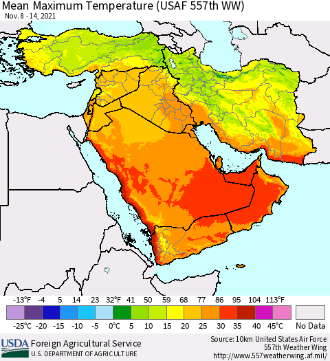 Middle East and Turkey Mean Maximum Temperature (USAF 557th WW) Thematic Map For 11/8/2021 - 11/14/2021