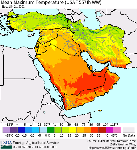 Middle East and Turkey Mean Maximum Temperature (USAF 557th WW) Thematic Map For 11/15/2021 - 11/21/2021