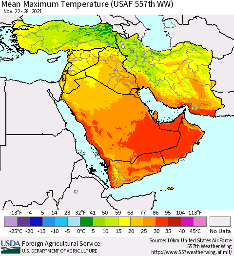 Middle East and Turkey Mean Maximum Temperature (USAF 557th WW) Thematic Map For 11/22/2021 - 11/28/2021