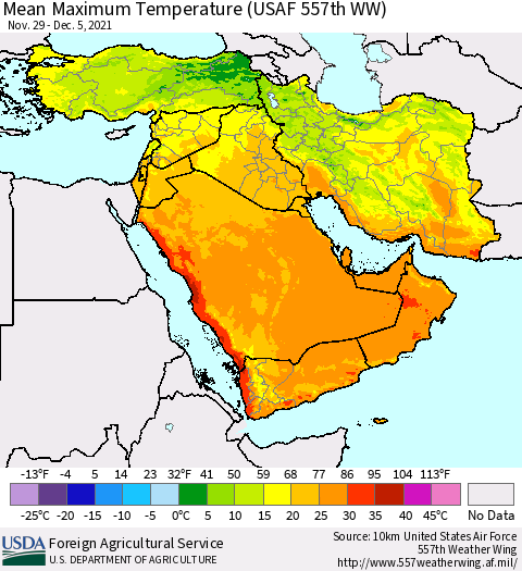 Middle East and Turkey Mean Maximum Temperature (USAF 557th WW) Thematic Map For 11/29/2021 - 12/5/2021