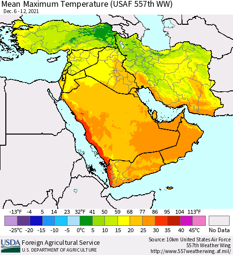 Middle East and Turkey Mean Maximum Temperature (USAF 557th WW) Thematic Map For 12/6/2021 - 12/12/2021