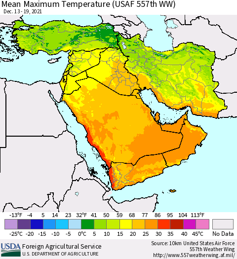 Middle East and Turkey Mean Maximum Temperature (USAF 557th WW) Thematic Map For 12/13/2021 - 12/19/2021