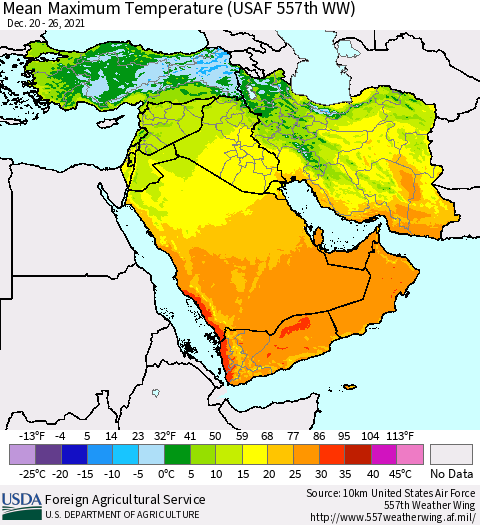 Middle East and Turkey Mean Maximum Temperature (USAF 557th WW) Thematic Map For 12/20/2021 - 12/26/2021