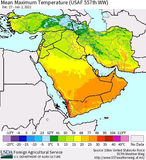 Middle East and Turkey Mean Maximum Temperature (USAF 557th WW) Thematic Map For 12/27/2021 - 1/2/2022