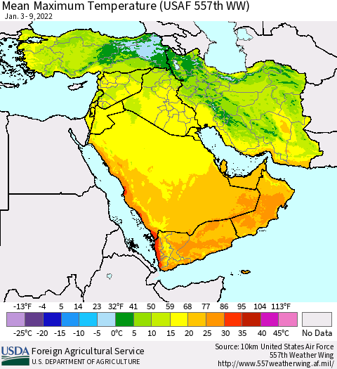 Middle East and Turkey Mean Maximum Temperature (USAF 557th WW) Thematic Map For 1/3/2022 - 1/9/2022