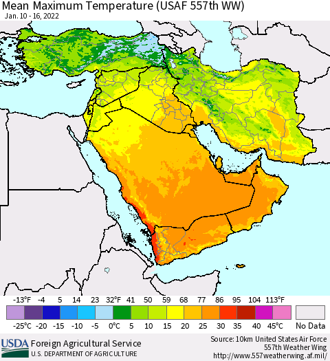 Middle East and Turkey Mean Maximum Temperature (USAF 557th WW) Thematic Map For 1/10/2022 - 1/16/2022