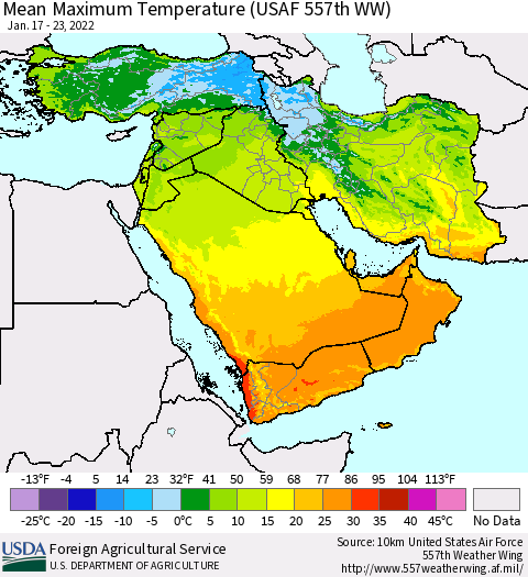 Middle East and Turkey Mean Maximum Temperature (USAF 557th WW) Thematic Map For 1/17/2022 - 1/23/2022