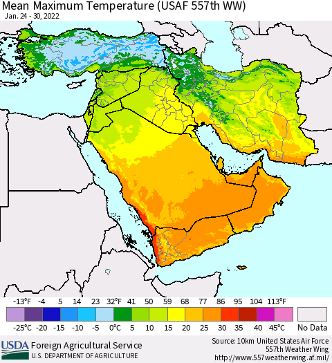 Middle East and Turkey Mean Maximum Temperature (USAF 557th WW) Thematic Map For 1/24/2022 - 1/30/2022