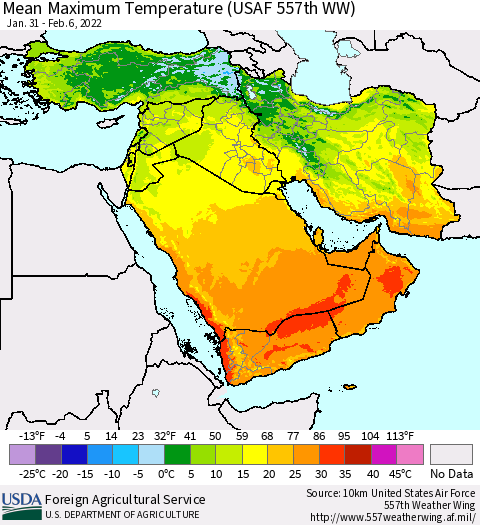 Middle East and Turkey Mean Maximum Temperature (USAF 557th WW) Thematic Map For 1/31/2022 - 2/6/2022