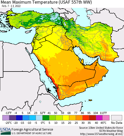 Middle East and Turkey Mean Maximum Temperature (USAF 557th WW) Thematic Map For 2/7/2022 - 2/13/2022