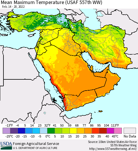 Middle East and Turkey Mean Maximum Temperature (USAF 557th WW) Thematic Map For 2/14/2022 - 2/20/2022