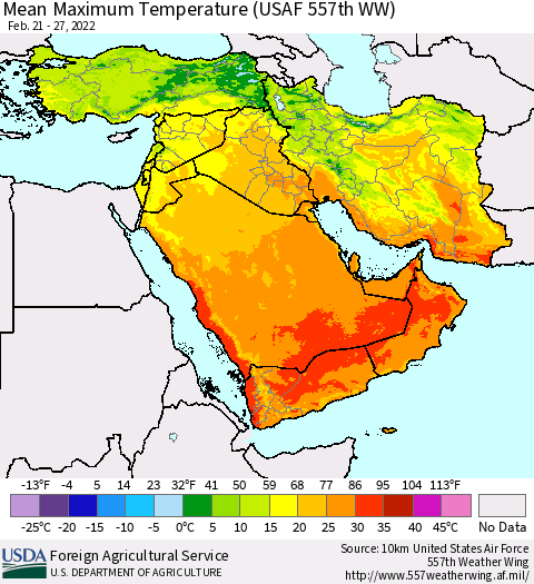Middle East and Turkey Mean Maximum Temperature (USAF 557th WW) Thematic Map For 2/21/2022 - 2/27/2022