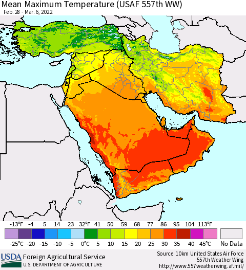Middle East and Turkey Mean Maximum Temperature (USAF 557th WW) Thematic Map For 2/28/2022 - 3/6/2022
