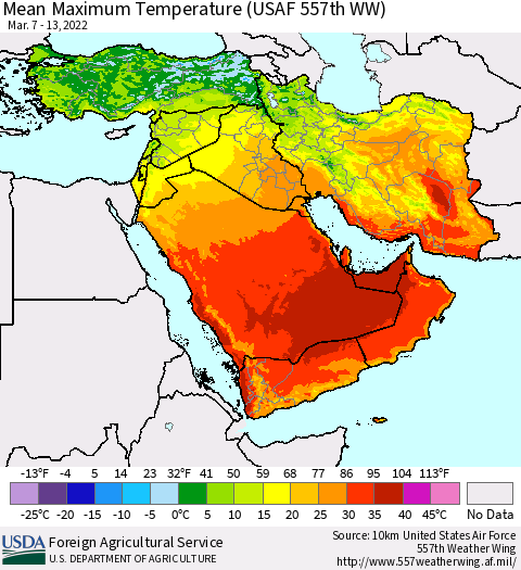 Middle East and Turkey Mean Maximum Temperature (USAF 557th WW) Thematic Map For 3/7/2022 - 3/13/2022
