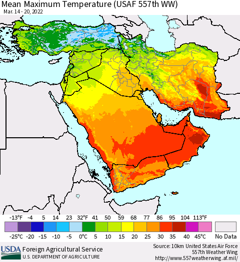 Middle East and Turkey Mean Maximum Temperature (USAF 557th WW) Thematic Map For 3/14/2022 - 3/20/2022