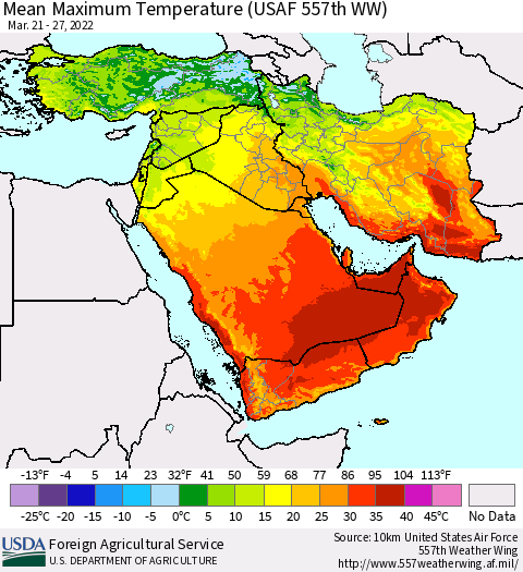 Middle East and Turkey Mean Maximum Temperature (USAF 557th WW) Thematic Map For 3/21/2022 - 3/27/2022
