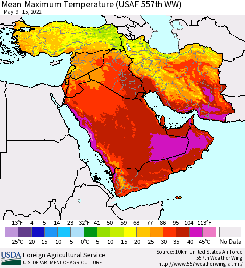 Middle East and Turkey Mean Maximum Temperature (USAF 557th WW) Thematic Map For 5/9/2022 - 5/15/2022