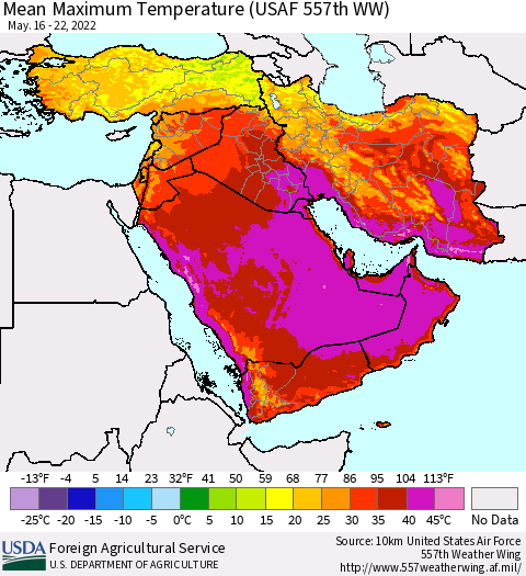 Middle East and Turkey Mean Maximum Temperature (USAF 557th WW) Thematic Map For 5/16/2022 - 5/22/2022