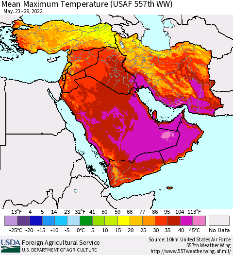 Middle East and Turkey Mean Maximum Temperature (USAF 557th WW) Thematic Map For 5/23/2022 - 5/29/2022