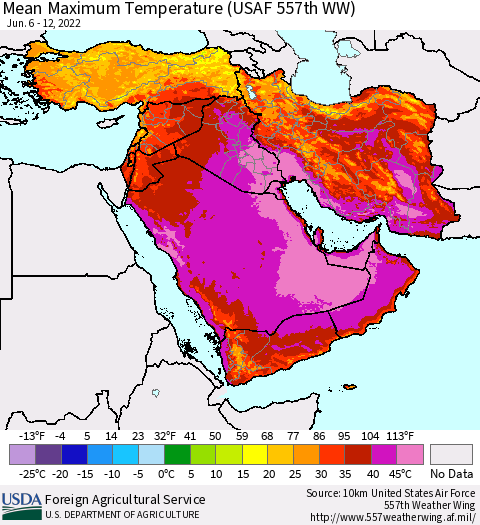 Middle East and Turkey Mean Maximum Temperature (USAF 557th WW) Thematic Map For 6/6/2022 - 6/12/2022
