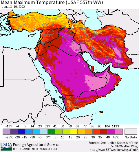 Middle East and Turkey Mean Maximum Temperature (USAF 557th WW) Thematic Map For 6/13/2022 - 6/19/2022