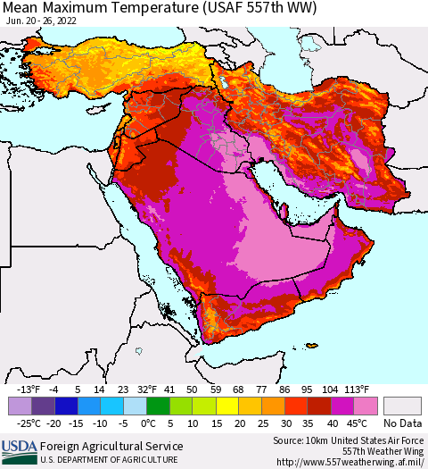 Middle East and Turkey Mean Maximum Temperature (USAF 557th WW) Thematic Map For 6/20/2022 - 6/26/2022