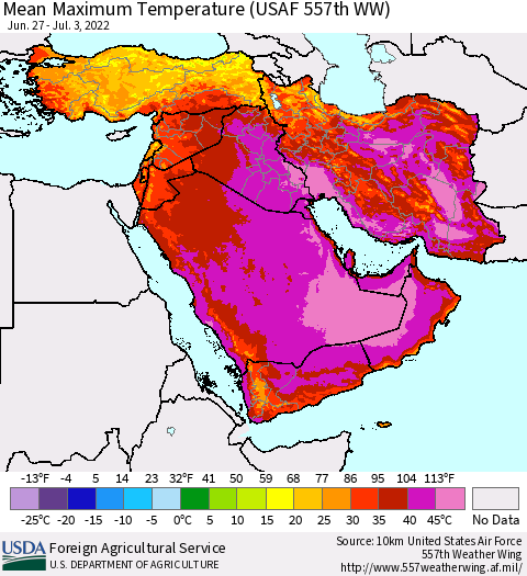 Middle East and Turkey Mean Maximum Temperature (USAF 557th WW) Thematic Map For 6/27/2022 - 7/3/2022