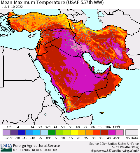 Middle East and Turkey Mean Maximum Temperature (USAF 557th WW) Thematic Map For 7/4/2022 - 7/10/2022