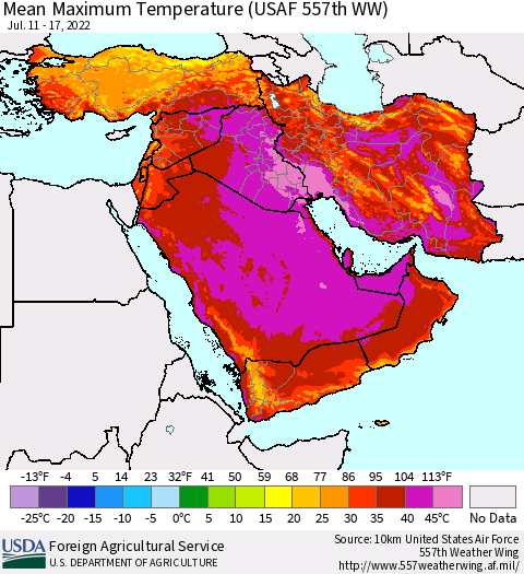 Middle East and Turkey Mean Maximum Temperature (USAF 557th WW) Thematic Map For 7/11/2022 - 7/17/2022