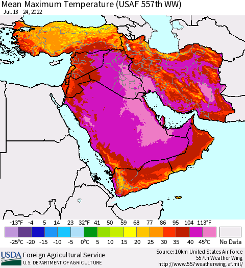 Middle East and Turkey Mean Maximum Temperature (USAF 557th WW) Thematic Map For 7/18/2022 - 7/24/2022