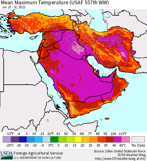 Middle East and Turkey Mean Maximum Temperature (USAF 557th WW) Thematic Map For 7/25/2022 - 7/31/2022