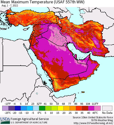 Middle East and Turkey Mean Maximum Temperature (USAF 557th WW) Thematic Map For 8/1/2022 - 8/7/2022