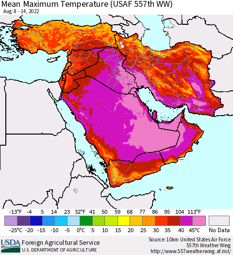 Middle East and Turkey Mean Maximum Temperature (USAF 557th WW) Thematic Map For 8/8/2022 - 8/14/2022