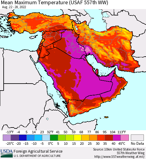 Middle East and Turkey Mean Maximum Temperature (USAF 557th WW) Thematic Map For 8/22/2022 - 8/28/2022