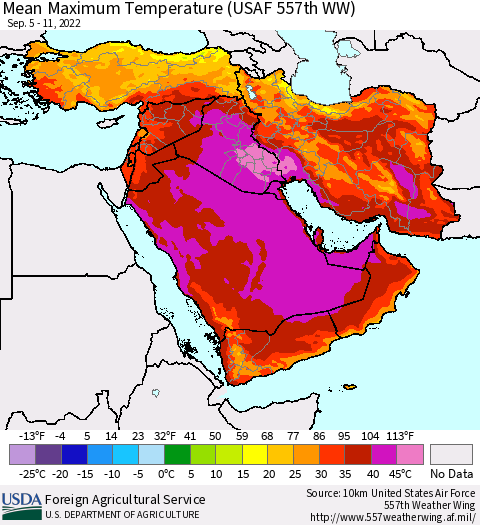Middle East and Turkey Mean Maximum Temperature (USAF 557th WW) Thematic Map For 9/5/2022 - 9/11/2022