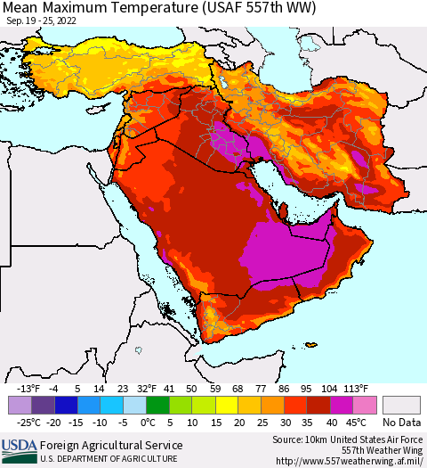 Middle East and Turkey Mean Maximum Temperature (USAF 557th WW) Thematic Map For 9/19/2022 - 9/25/2022