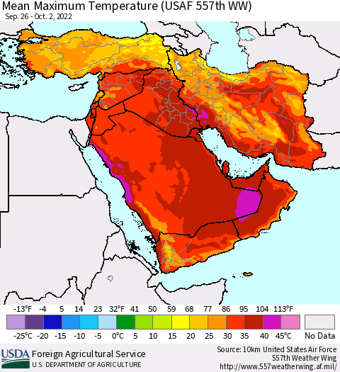 Middle East and Turkey Mean Maximum Temperature (USAF 557th WW) Thematic Map For 9/26/2022 - 10/2/2022